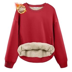 Fleece Sherpa Lined Warm Winter Pullover Crewneck Sweatshirt Red